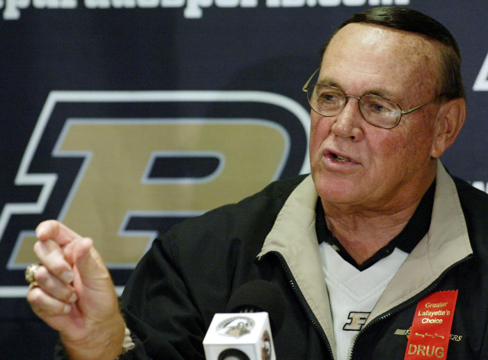 FILE - Purdue basketball coach Gene Keady talks about his team's chances for the upcoming season during an interview in West Lafayette, Ind., in this Tuesday, Oct. 21, 2003, file photo. Tony Hinkle turned Butler’s pass-and-cut offense of the 1920s into a coaching textbook for generations. Bob Knight and Gene Keady added their own revisions following Hinkle's forced retirement in 1970. Today, those three remain the gold standard of basketball innovation in Indiana, a state where successful coaches have spent more than a century testing novel concepts, breaking barriers and polishing philosophies before introducing them America. (AP Photo/Michael Conroy, File)