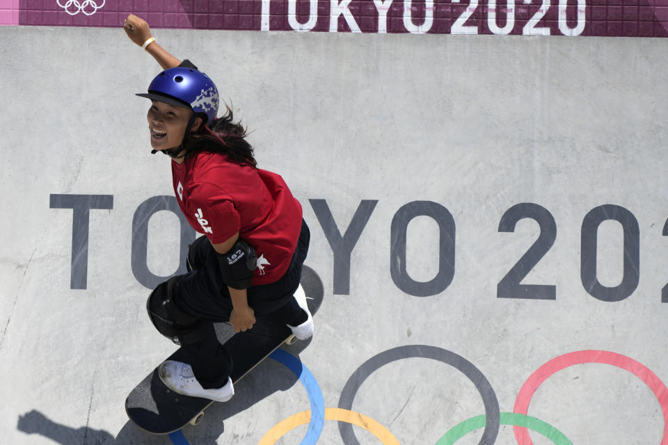 Sakura Yosozumi of Japan competes in the women's park skateboarding finals at the 2020 Summer Olympics, Wednesday, Aug. 4, 2021, in Tokyo, Japan. (AP Photo/Ben Curtis)