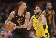 Apr 18, 2018; Cleveland, OH, USA; Indiana Pacers guard Cory Joseph (6) defends Cleveland Cavaliers guard George Hill (3) during the first half in game two of the first round of the 2018 NBA Playoffs at Quicken Loans Arena. Mandatory Credit: Ken Blaze-USA TODAY Sports