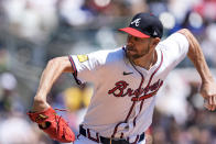 Atlanta Braves starting pitcher Chris Sale delivers in the first inning of a baseball game against the Arizona Diamondbacks Sunday, April 7, 2024, in Atlanta. (AP Photo/John Bazemore)