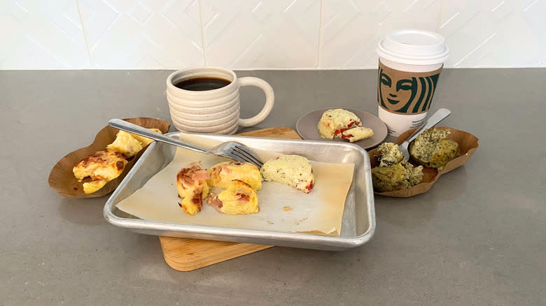 Starbucks egg bites on pan with coffee