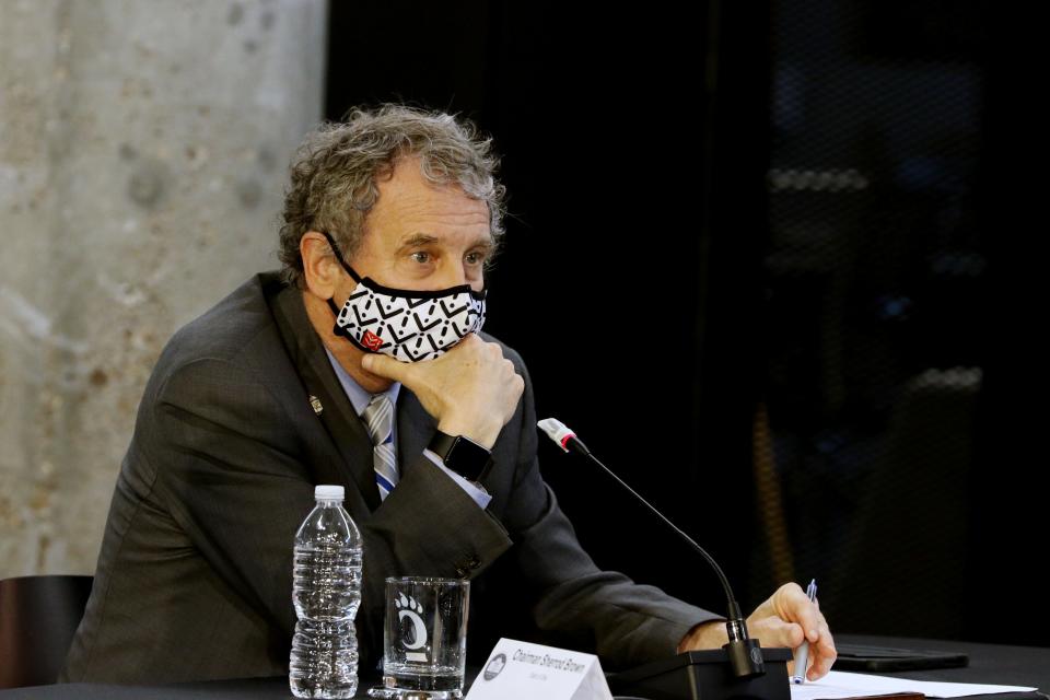 Senator Sherrod Brown listens during the transportation round table with Vice President Kamala Harris on Friday, April 30, 2021 at the University of Cincinnati in Cincinnati.