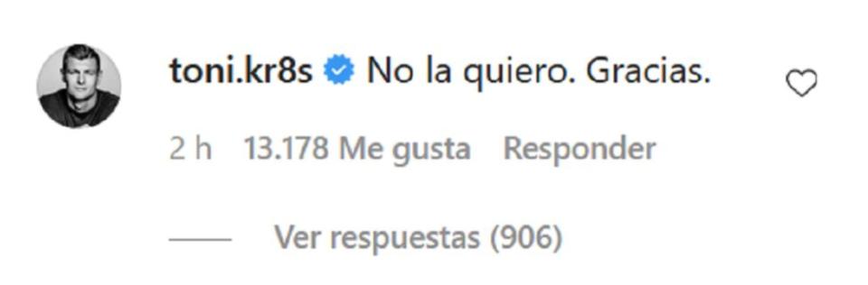 El comentario que Kroos le dejó a Lucas Vázquez en su Instagram. (Foto: Instagram / @lucasvazquez91).