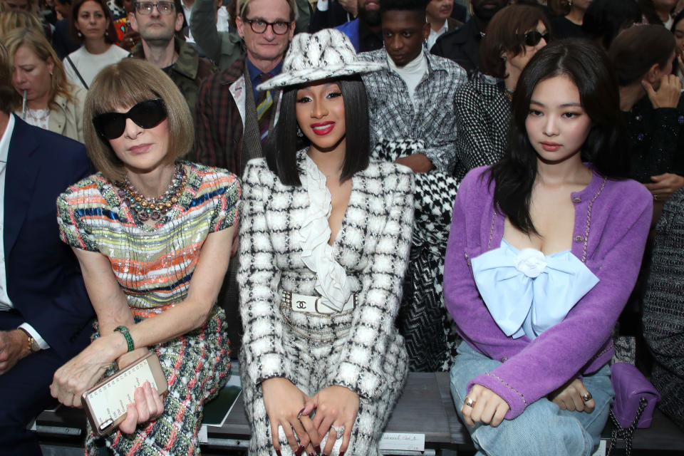 PARIS, FRANCE - OCTOBER 01: (L-R) Anna Wintour, Cardi B and Jennie Kim attend the Chanel Womenswear Spring/Summer 2020 show as part of Paris Fashion Week on October 01, 2019 in Paris, France. (Photo by Rindoff/Charriau/Getty Images)