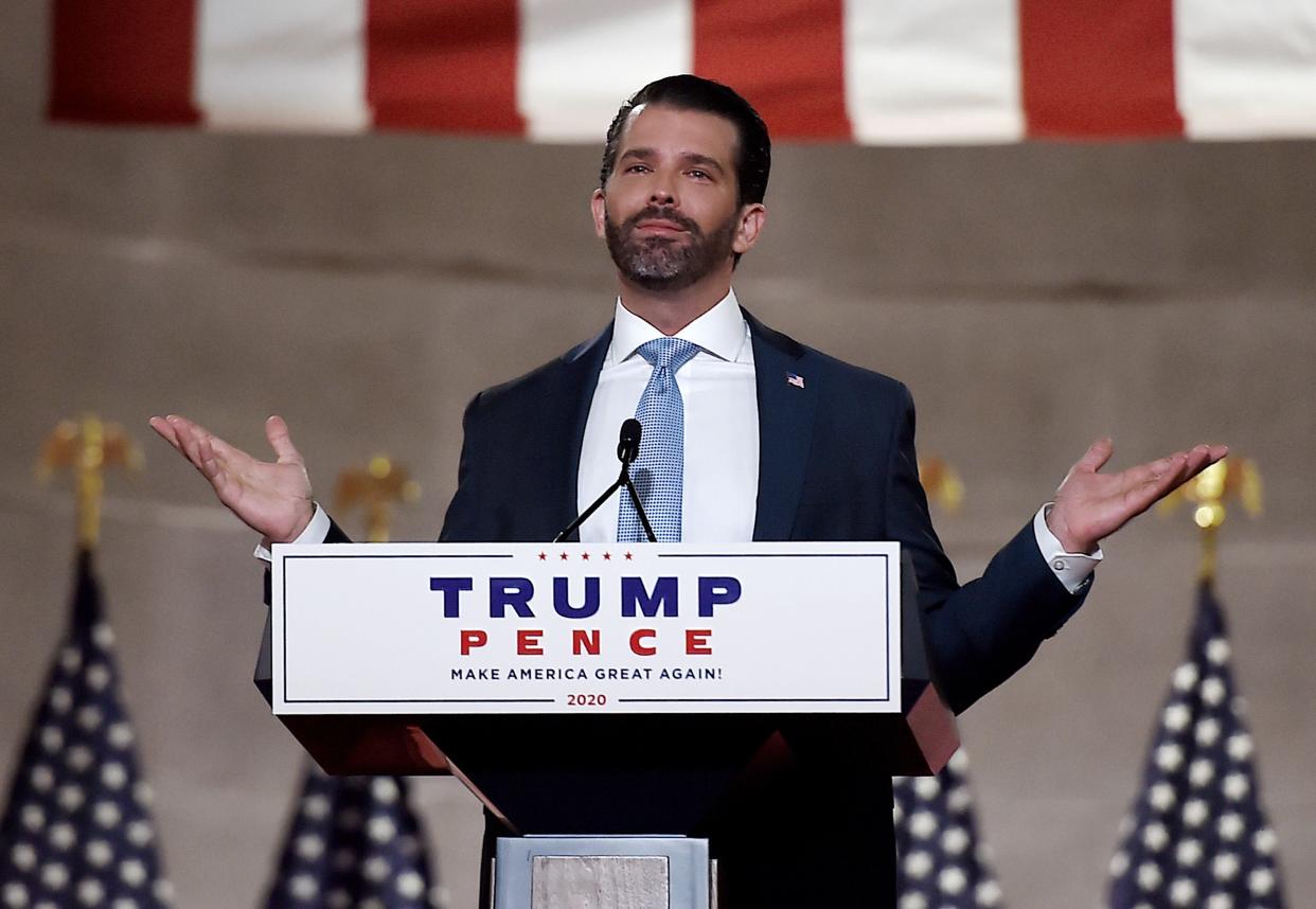 <p>In this file photo taken on August 24, 2020 Donald Trump Jr. speaks during the first day of the Republican convention at the Mellon auditorium in Washington, DC. (Photo by Olivier DOULIERY / AFP) (Photo by OLIVIER DOULIERY/AFP via Getty Images)</p> (AFP via Getty Images)