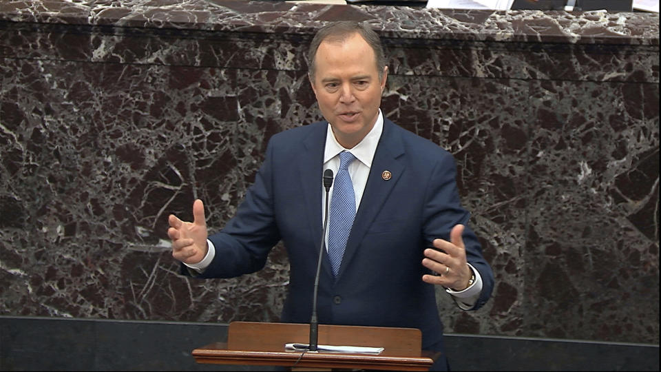 In this image from video, impeachment manager Rep. Adam Schiff, D-Calif., speaks during the impeachment trial against President Donald Trump in the Senate at the U.S. Capitol in Washington, Tuesday, Jan. 21, 2020. (Senate Television via AP)