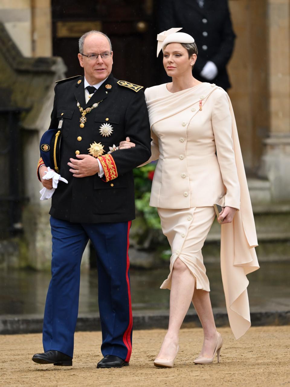 Prince Albert II and Princess Charlene of Monaco arrive at Westminster Abbey for the Coronation of King Charles III and Queen Camilla on May 06, 2023 in London, England.