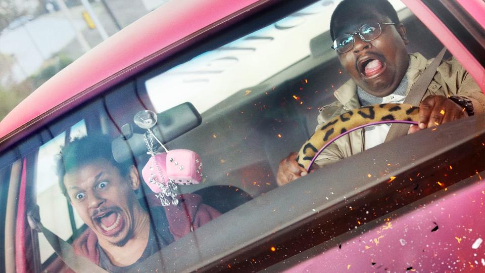 Chris and Bud (Eric André and Lil Rel Howery) run into car problems with their sister's beloved wheels in "Bad Trip."