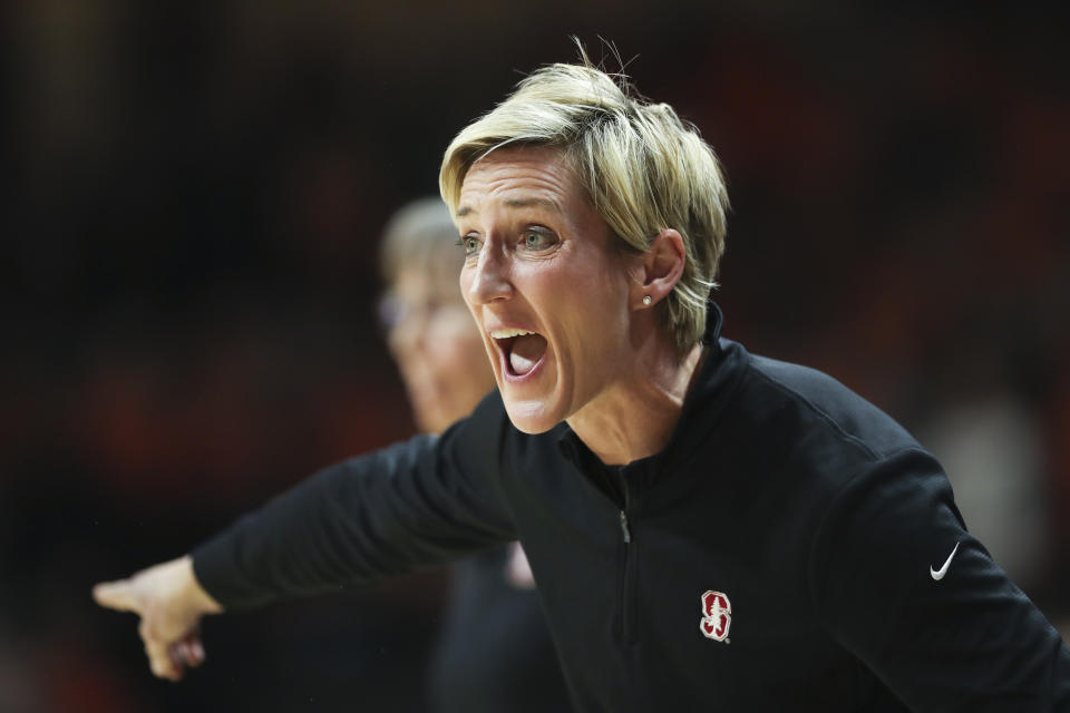 Stanford associate basketball coach Kate Paye calls out to players during an NCAA college basketball game against Oregon State Thursday, Feb. 29, 2024, in Corvallis, Ore. Stanford won 67-63. (AP Photo/Amanda Loman)