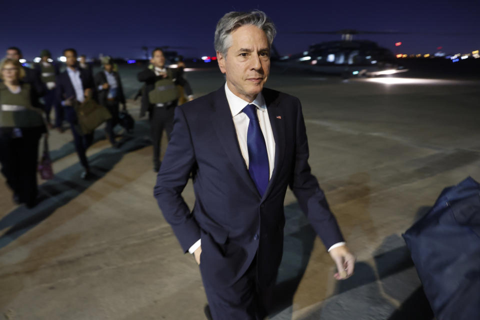 U.S. Secretary of State Antony Blinken returns to Baghdad International Airport from the International Zone via helicopter after meeting Iraqi Prime Minister Mohammed Shia al-Sudani, at Baghdad International Airport in Baghdad, Iraq, Sunday Nov. 5, 2023. Blinken flew to Baghdad for talks with Iraqi Prime Mohammed Shia al-Sudani as American forces in the region face a surge of attacks by Iranian-allied militias in Iraq and elsewhere. (Jonathan Ernst/Pool via AP)