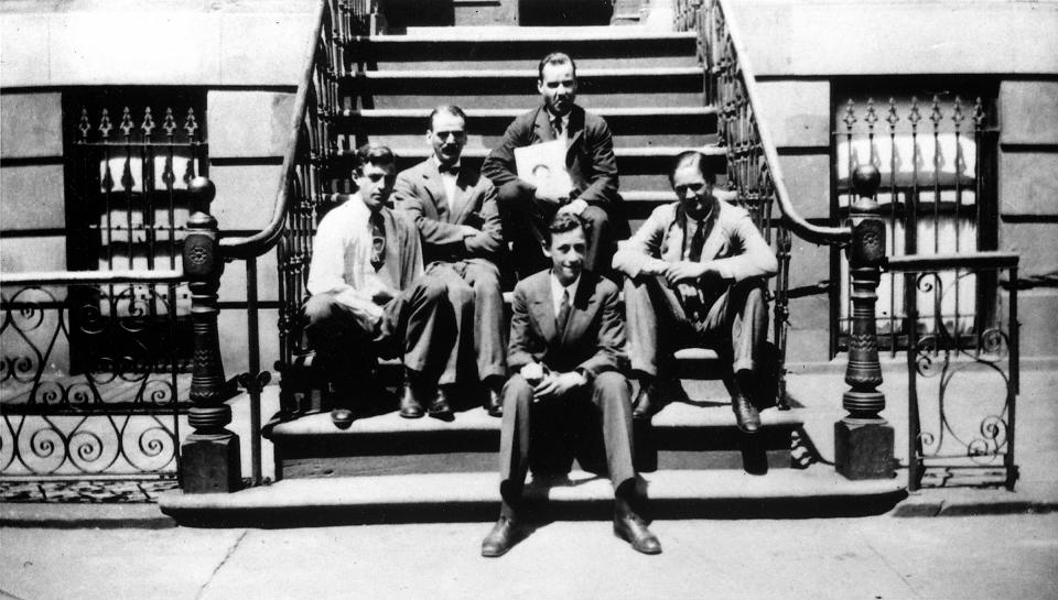 Early TIME magazine staffers outside the original building in New York City, circa 1924. Top row: Briton Hadden; left-right: John S. Martin, T.J.C. Martyn and Niven Busch.<span class="copyright">The LIFE Picture Collection/Shutterstock</span>