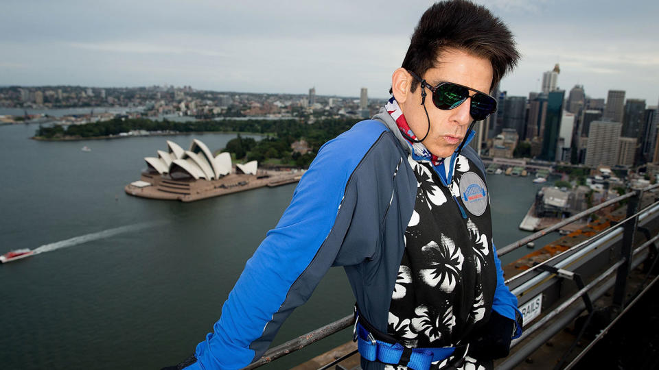 Ben Stiller strikes his iconic Zoolander pose on the bridge. Source: Getty Images