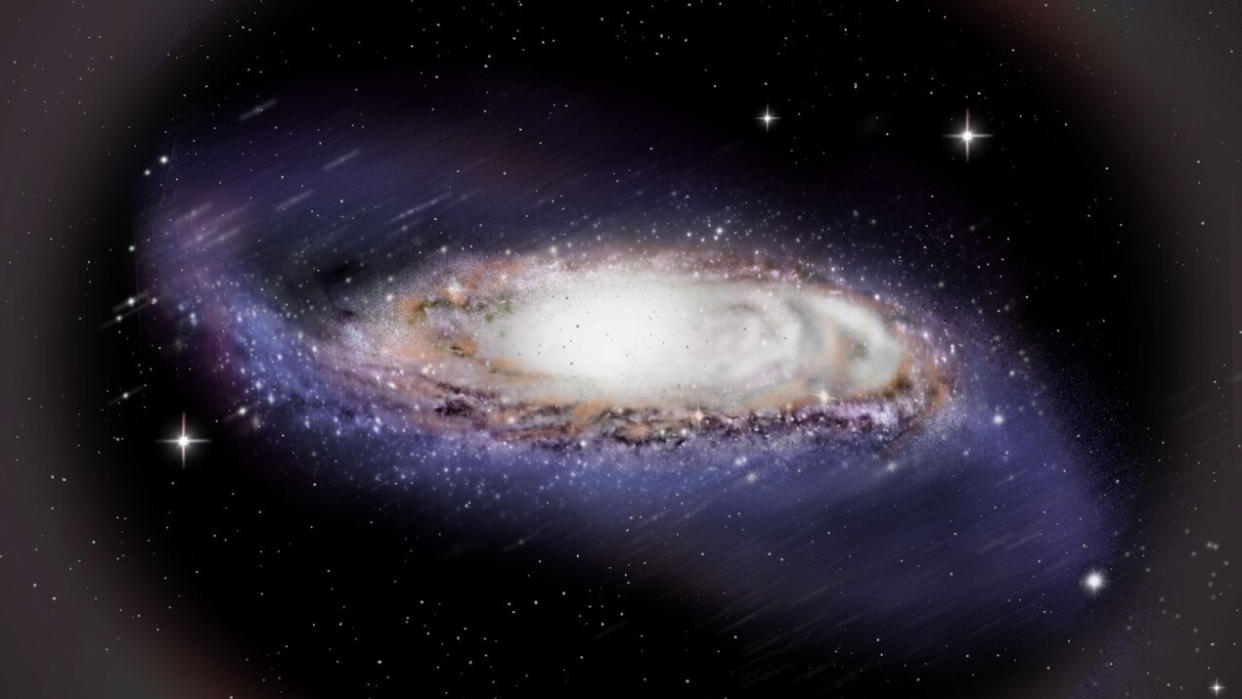  An artist's impression of the warped disk of the Milky Way, surrounded by a slightly flattened dark matter halo. 