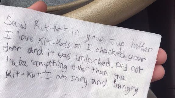 The Kit Kat thief may be one of the politest criminals ever after he apologized with this note. (Imgur)