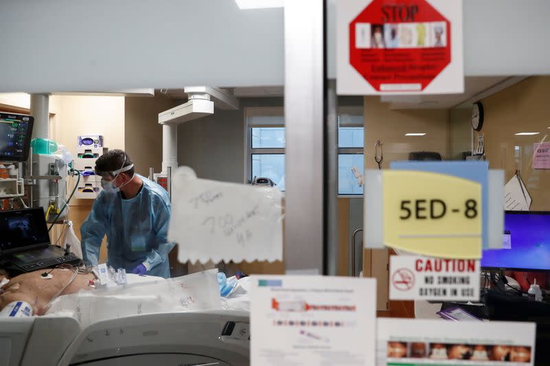 FILE PHOTO: A critical care respiratory therapist works with a coronavirus disease (COVID-19) positive patient in the intensive care unit (ICU) at Sarasota Memorial Hospital in Sarasota, Florida