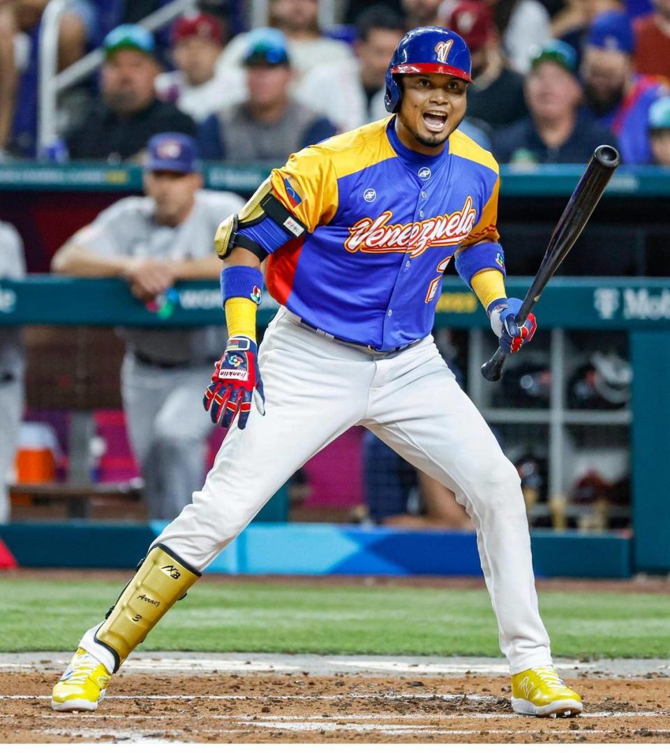 Venezuela first baseman Luis Arraez (2) reacts while at bat during the game against the United States in the first inning during the World Baseball Classic quarterfinal at loanDepot Park in Miami on Saturday, March 18, 2023.