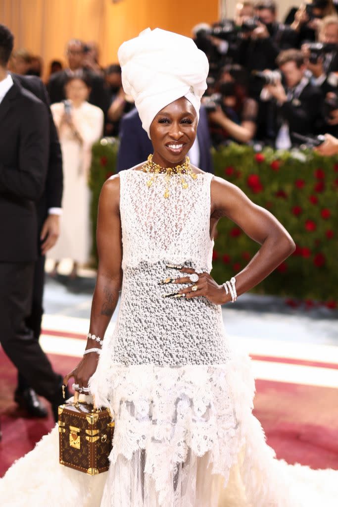 Cynthia Erivo in an upcycled look from Louis Vuitton, which included a head tie inspired by the women of Western Africa. - Credit: Christopher Polk for Variety