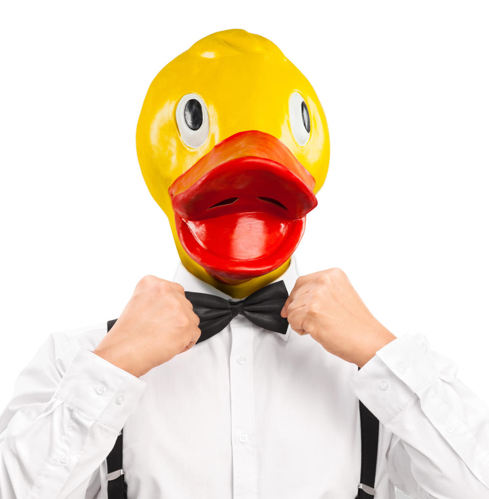 Whether you're Huey, Dewey or Louie (does it really matter?), people will definitely say "Woo hoo!" to this r<a href="http://www.stupid.com/Rubber-Duckie-Mask.html" target="_blank">ubber duck mask </a>that has no connection at all to "Duck Tales" (so back off, Disney!). You can't see very well out of the damn thing, but that's a small price to pay for fashion.