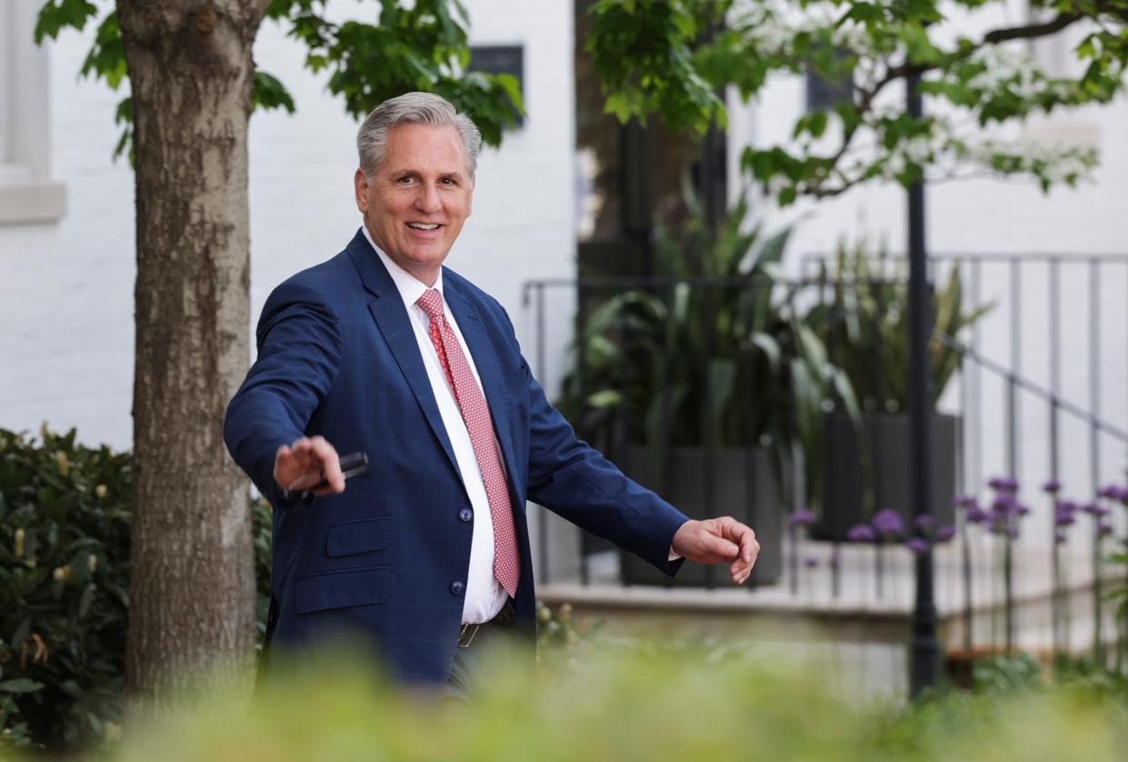 House Minority Leader Kevin McCarthy, R-Calif., leaves a House Republican conference meeting on Capitol Hill on April 27, 2022 in Washington, D.C.