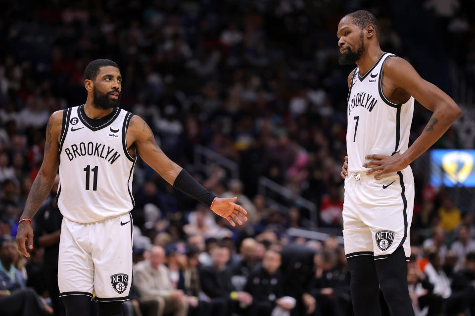 Kyrie Irving's fantasy production will drop once Kevin Durant returns to the Nets. (Photo by Jonathan Bachman/Getty Images)