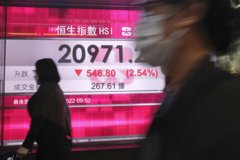 People wearing face masks walk past a bank's electronic board showing the Hong Kong share index in Hong Kong, Tuesday, April 19, 2022. Shares were mostly higher in Asia on Tuesday despite growing worries over the risks of recession as prices push higher while economies are still recovering from the pandemic. (AP Photo/Kin Cheung)