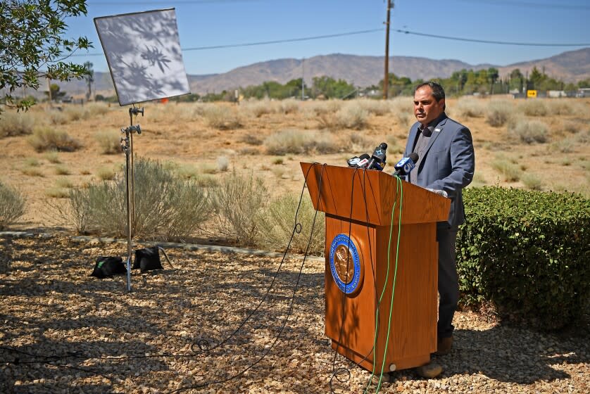 PALMDALE CA July 7, 2021: Rep. Mike Garcia during a press conference on illegal marijuana grows in the Antelope Valley outside the Los Angeles County Farm Bureau in Palmdale. (Wally Skalij / Los Angeles Times)