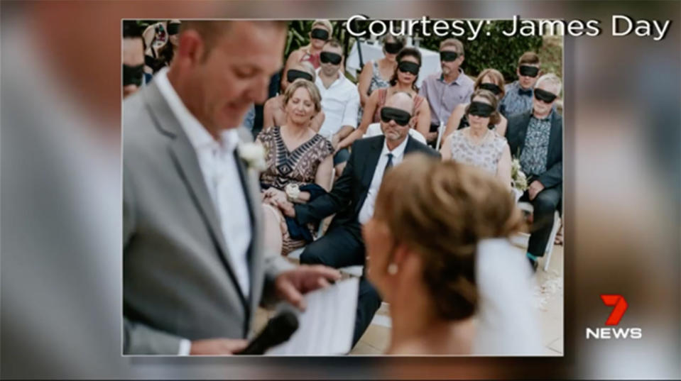 Stephanie Campbell, a blind Melbourne bride asked her guests at her Sunshine Coast to wear blindfolds at her wedding.