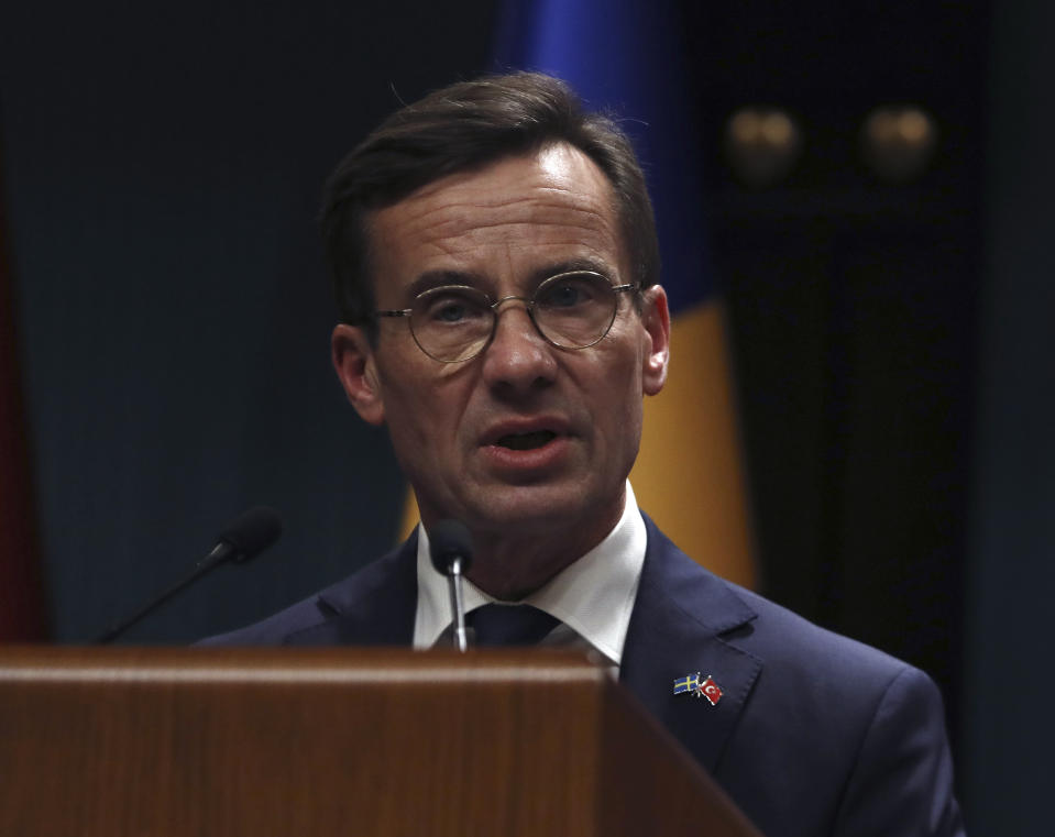 Sweden's new prime minister, Ulf Kristersson, speaks to the media during a joint news conference with Turkish President Recep Tayyip Erdogan at the presidential palace in Ankara, Turkey, Tuesday, Nov. 8, 2022. Kristersson met Erdogan on Tuesday in an effort to clinch Turkish approval for his country's bid to join NATO.(AP Photo/Burhan Ozbilici)