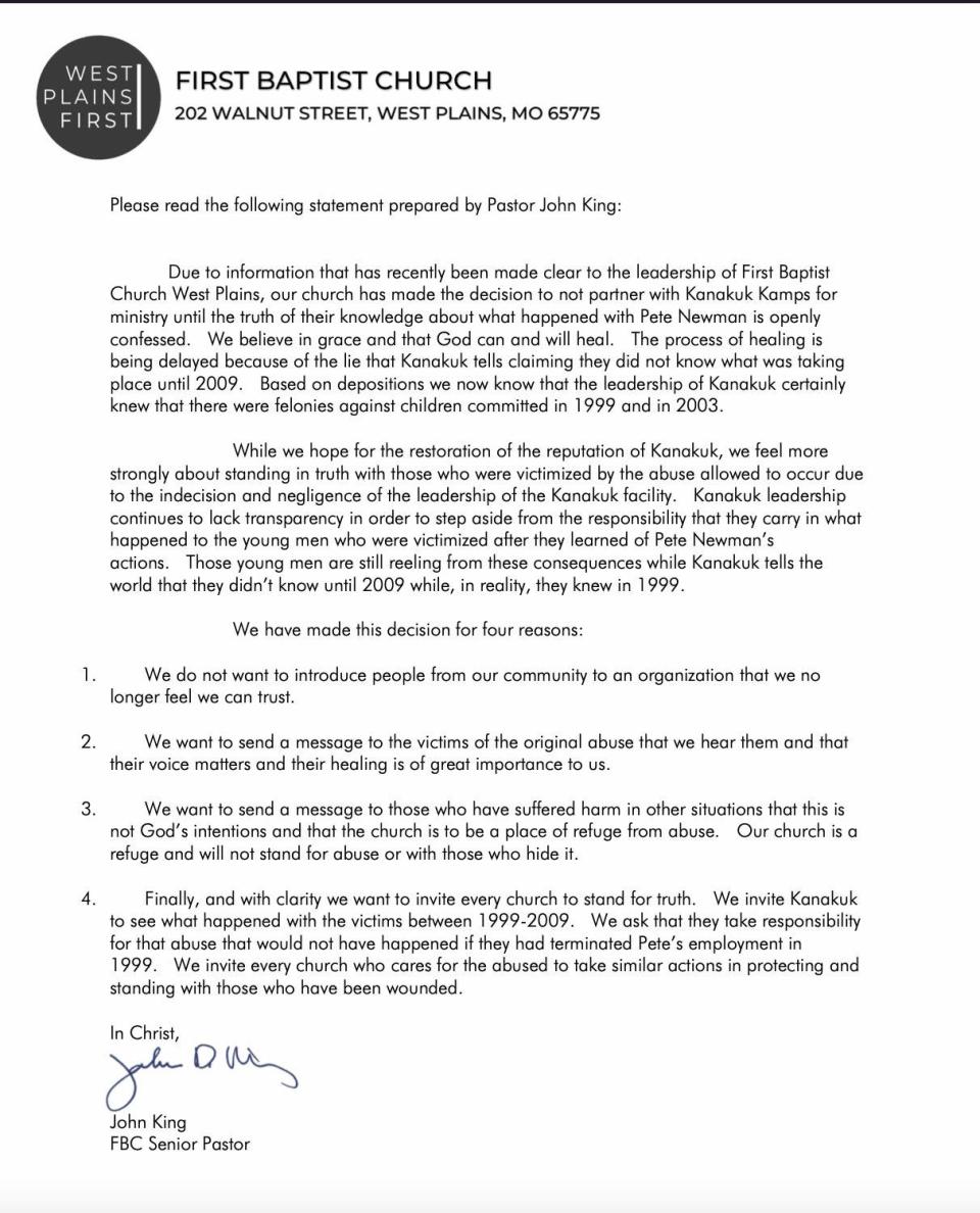 West Plains First Baptist Church Senior Pastor John King wrote a statement sharing the church's decision to no longer partner with Kanakuk Kamps.