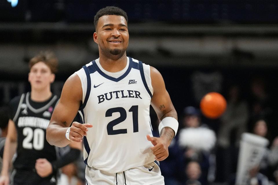 Butler Bulldogs guard Pierre Brooks II (21) runs up the court after shooting a free throw Tuesday, Dec. 19, 2023, at Hinkle Fieldhouse in Indianapolis.