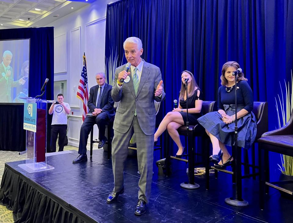 U.S. Rep. Charlie Crist, a Democratic candidate for governor, speaks during an April 2022 panel discussion at the Grove in Lakewood Ranch as part of a fundraising dinner for the Manatee County Democratic Party.  Pictured with Crist - from left to right - are Agriculture Commissioner Nikki Fried, who is also a Democratic gubernatorial candidate, and state Sen. Annette Taddeo, who recently dropped out of the governor's race.