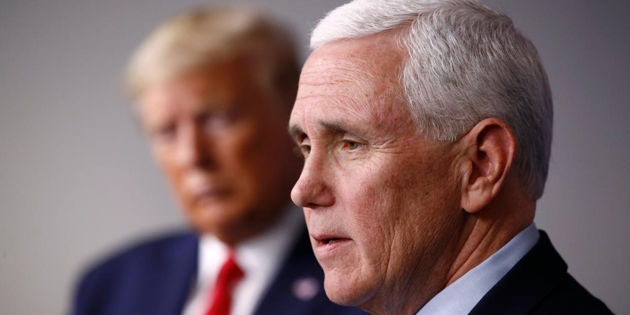 FILE - In this March 22, 2020, file photo Vice President Mike Pence speaks alongside President Donald Trump during a coronavirus task force briefing at the White House in Washington. Pence says the U.S. response to the coronavirus pandemic is “a cause for celebration,” but a new poll finds more than half of Americans calling it fair or poor.  (AP Photo/Patrick Semansky, File)