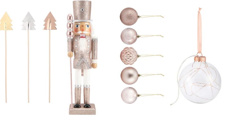 Pictured left to right: 12 Pack Christmas Food Picks ($2), 34cm Nutcracker – Assorted ($10), 8 Rose Gold Look Baubles ($4), Glass Light Up Bauble – 10cm ($5). Photo: Kmart