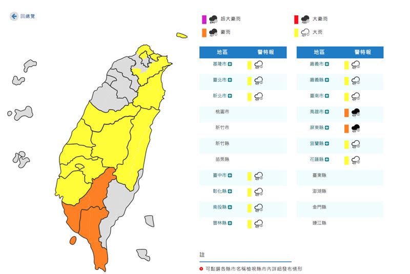 全台14縣市豪、大雨特報。（圖／翻攝自中央氣象局官網）