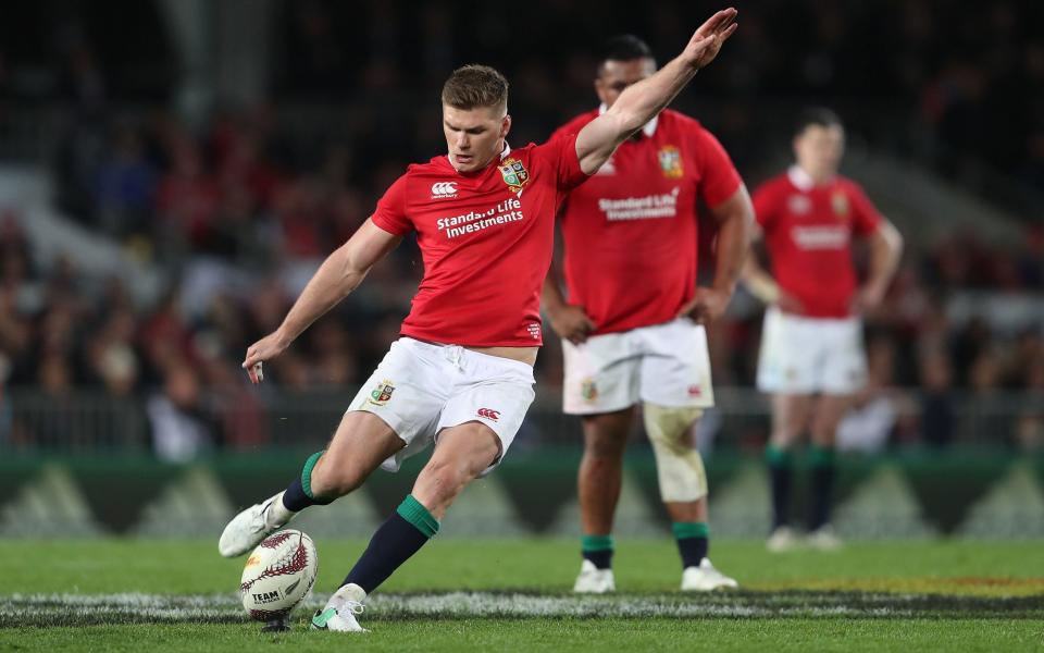 British and Irish Lions' Owen Farrell scores a penalty during the third test of the 2017 British and Irish Lions tour at Eden Park, Auckland