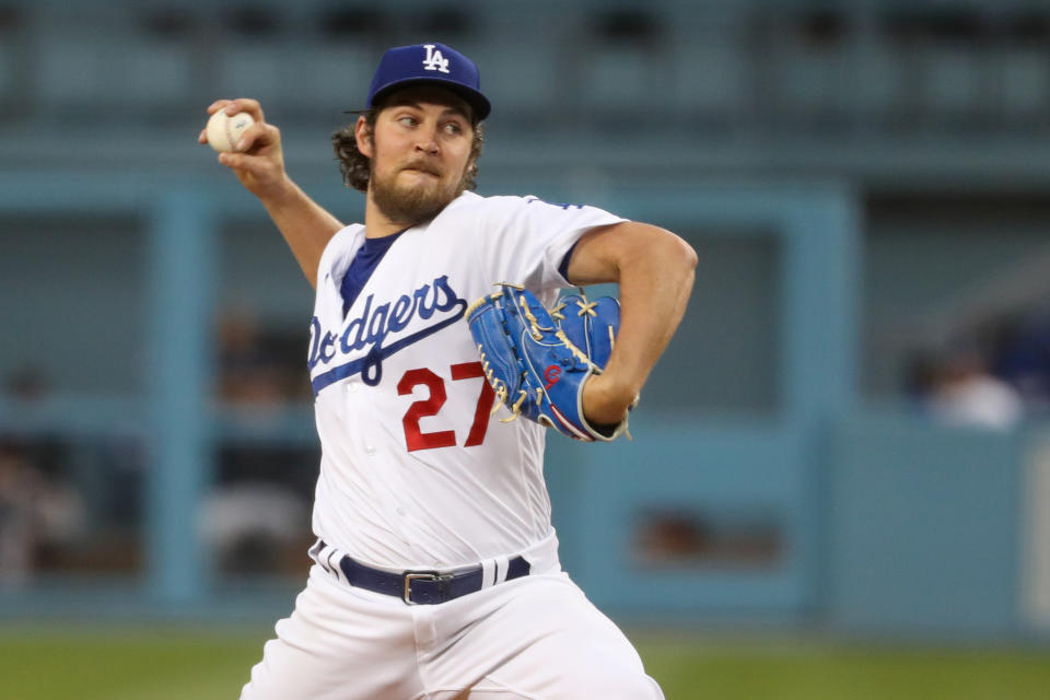 LOS ANGELES, CA - JUNE 28: Los Angeles Dodgers Starting pitcher Trevor Bauer (27) pitches during the MLB game between the San Francisco Giants and the Los Angeles Dodgers on June 28, 2021, at Dodger Stadium in Los Angeles, CA.  (Photo by Kiyoshi Mio/Icon Sportswire via Getty Images)