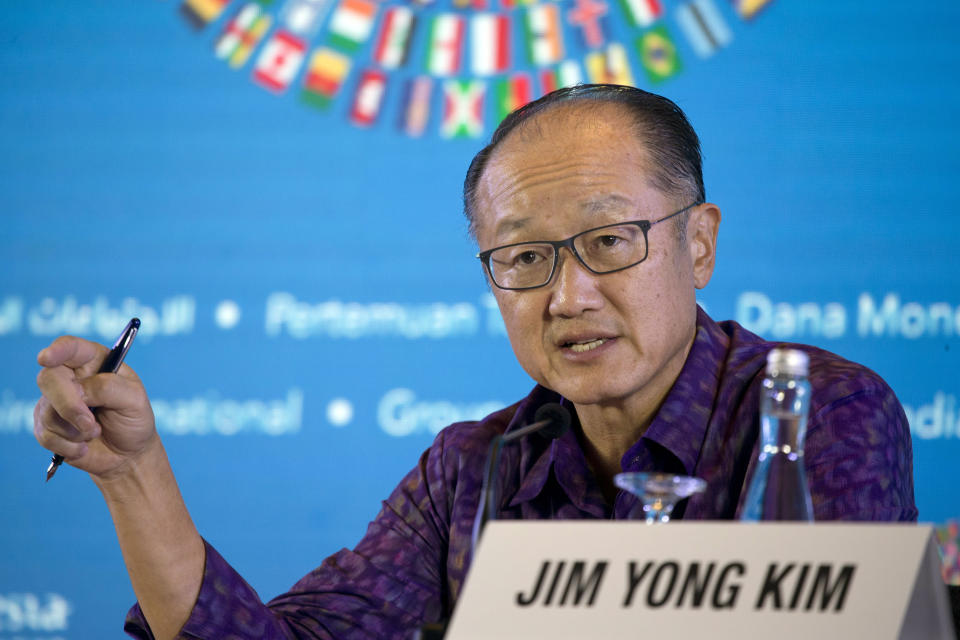 World Bank President Jim Yong Kim speaks during a press conference ahead of the annual meetings of the IMF and World Bank in Bali, Indonesia Thursday, Oct. 11, 2018. (AP Photo/Firdia Lisnawati)