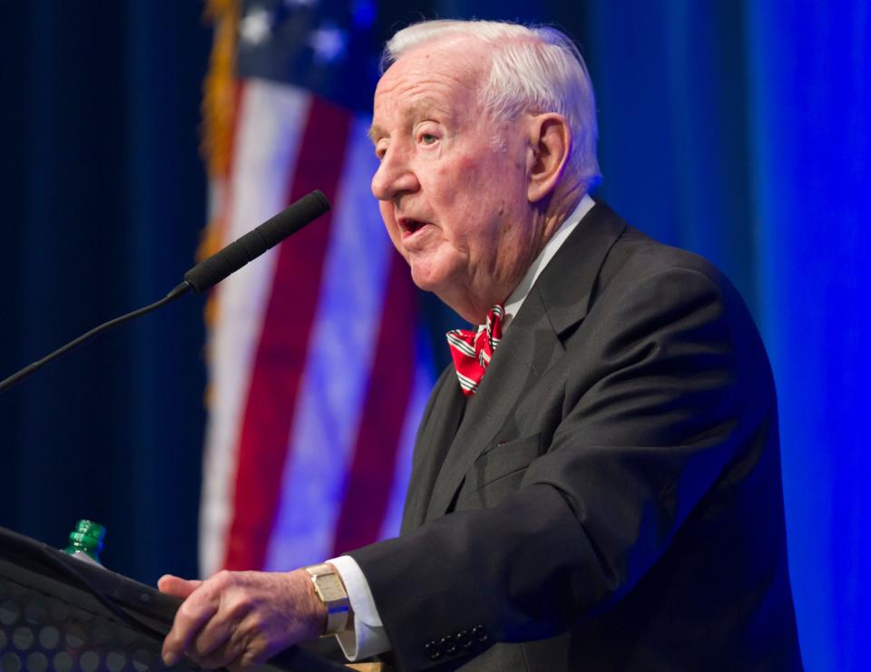 Former Supreme Court justice John Paul Stevens speaking in Little Rock, Ark., in 2012.