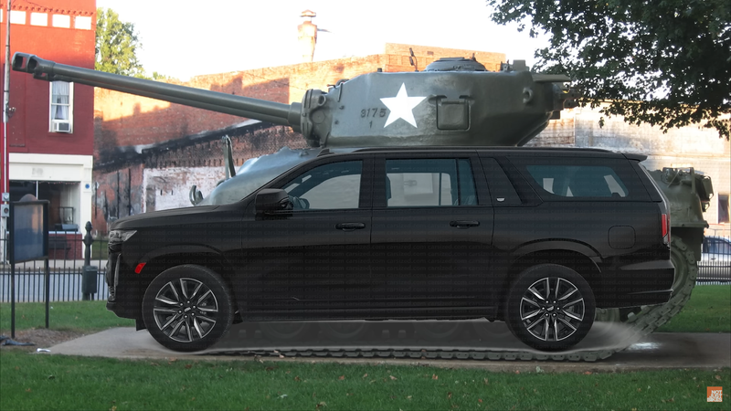 Cadillac Escalade overlaid on top of a Sherman tank from WWII to compare sizes.
