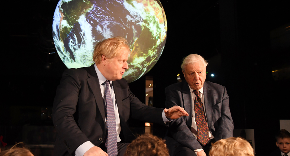 Sir David Attenborough and Prime minister Boris Johnson met at the launch of COP26 in February. Source: Getty