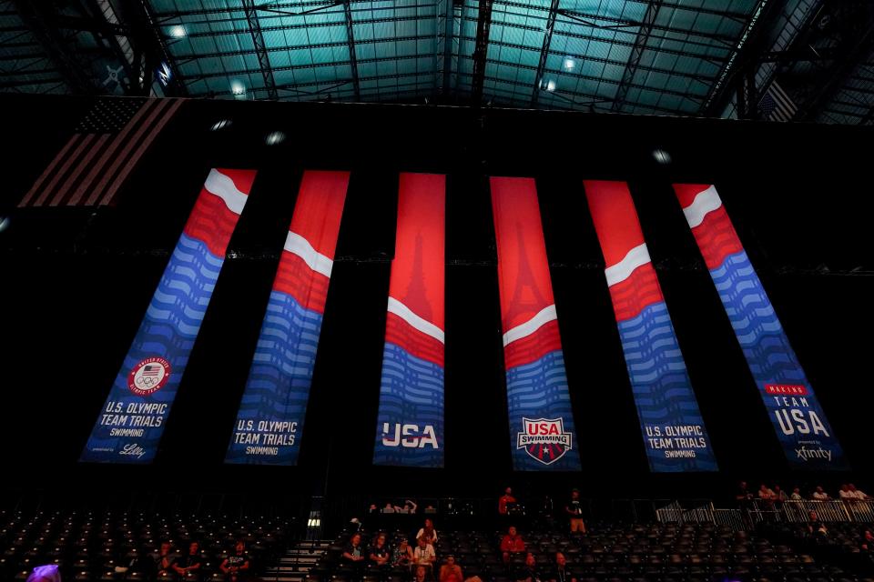 USA Swimming banners hang over the stands Saturday, June 15, 2024, during the first day of competition for the U.S. Olympic Team Swimming Trials at Lucas Oil Stadium in Indianapolis.