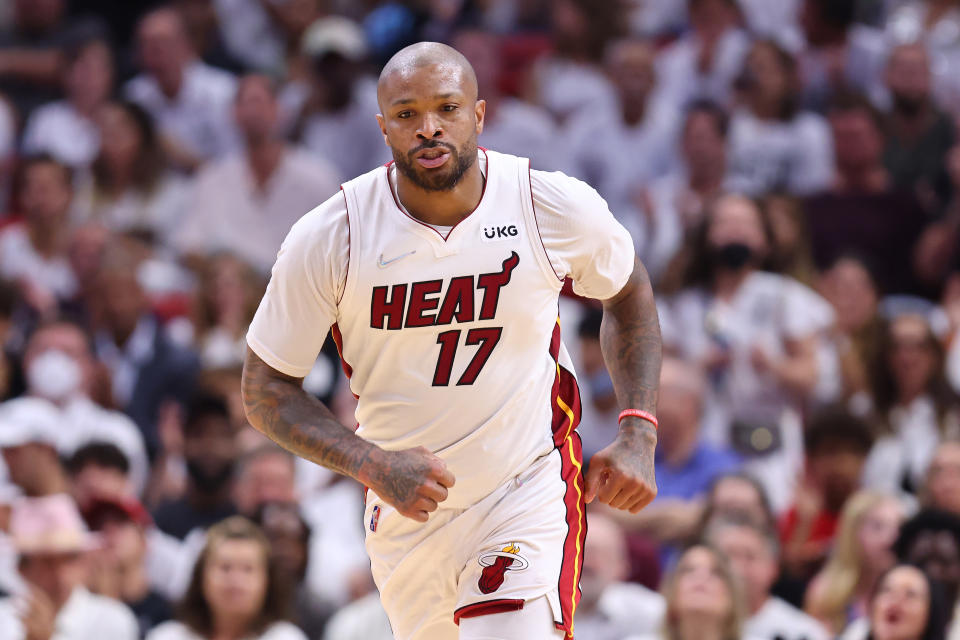 MIAMI, FLORIDA - MAY 02: P.J. Tucker #17 of the Miami Heat reacts against the Philadelphia 76ers during the first half in Game One of the Eastern Conference Semifinals at FTX Arena on May 02, 2022 in Miami, Florida. NOTE TO USER: User expressly acknowledges and agrees that, by downloading and or using this photograph, User is consenting to the terms and conditions of the Getty Images License Agreement. (Photo by Michael Reaves/Getty Images)