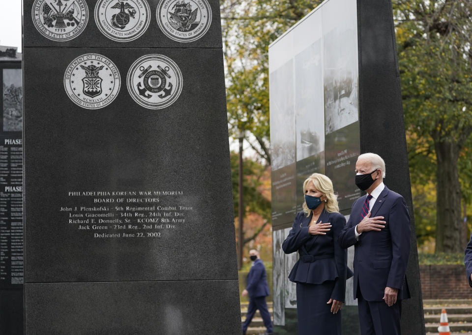 President-elect Joe Biden and Jill Biden, attend a service at the Philadelphia Korean War Memorial at Penn’s Landing on Veterans Day, Wednesday, Nov. 11, 2020, in Philadelphia.(AP Photo/Alex Brandon)