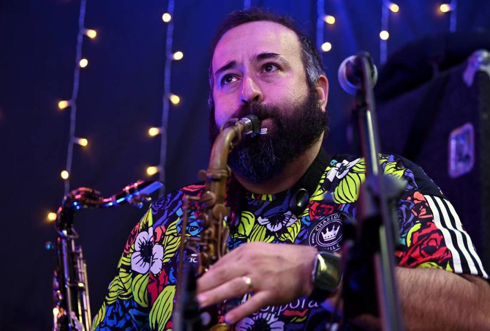 UltimaNota saxophonist Oscar Huerta practices with the band, which will appear at Middle C Jazz on June 26.