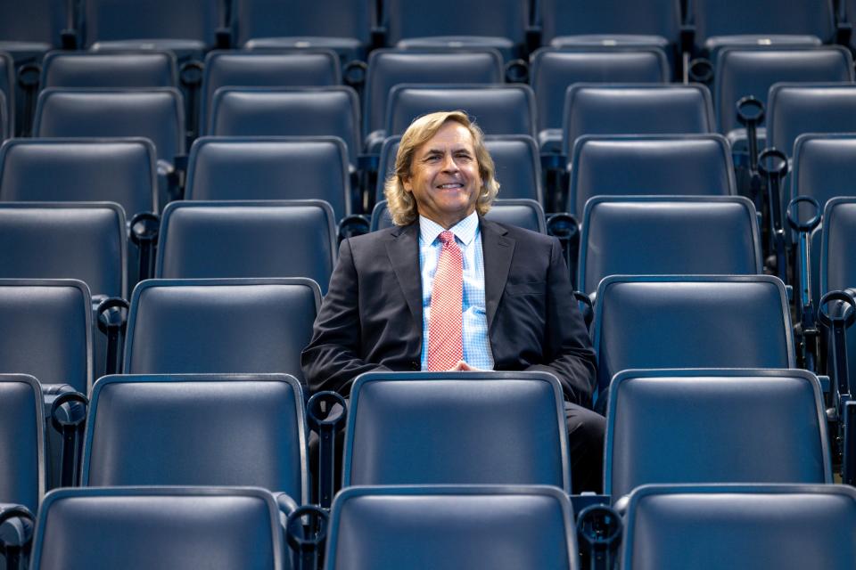 MAPS Program Manager David Todd sits in Paycom Center on Tuesday, with new scoreboards and seats through MAPS 4 upgrades at the arena in Oklahoma City.