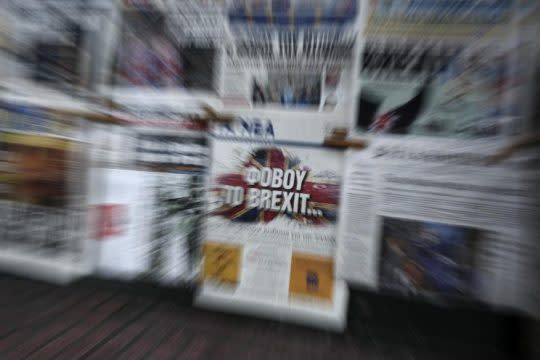 The front page of Greek daily newspaper Ta Nea reading " Beware of Brexit" is on display outside a kiosk in Athens, on Saturday, June 25, 2016. Britain and the EU haven't even begun divorce talks but they are already bickering, as political and economic shockwaves from the British vote spread around the world. (AP Photo/Yorgos Karahalis)