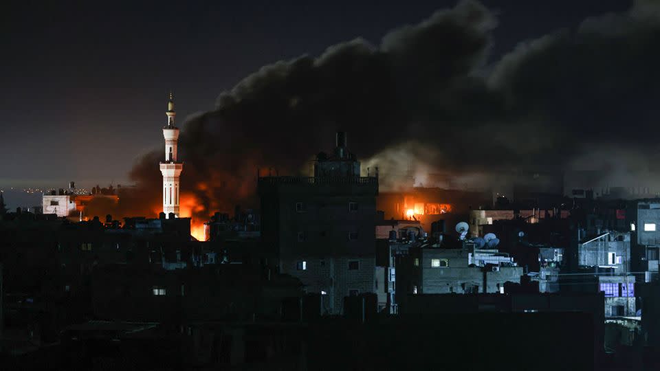 Smoke billows during Israeli bombardment over Rafah in the southern Gaza Strip on February 12, 2024. - Said Khatib/AFP/Getty Images