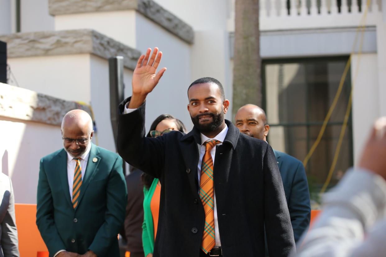 Rep. Gallop Franklin, D-Tallahassee, waves to the crowd of Florida A&M University alumni and students gathered at the Florida Capitol, Feb. 21, 2024.
(Credit: Elena Barrera/ Tallahassee Democrat)