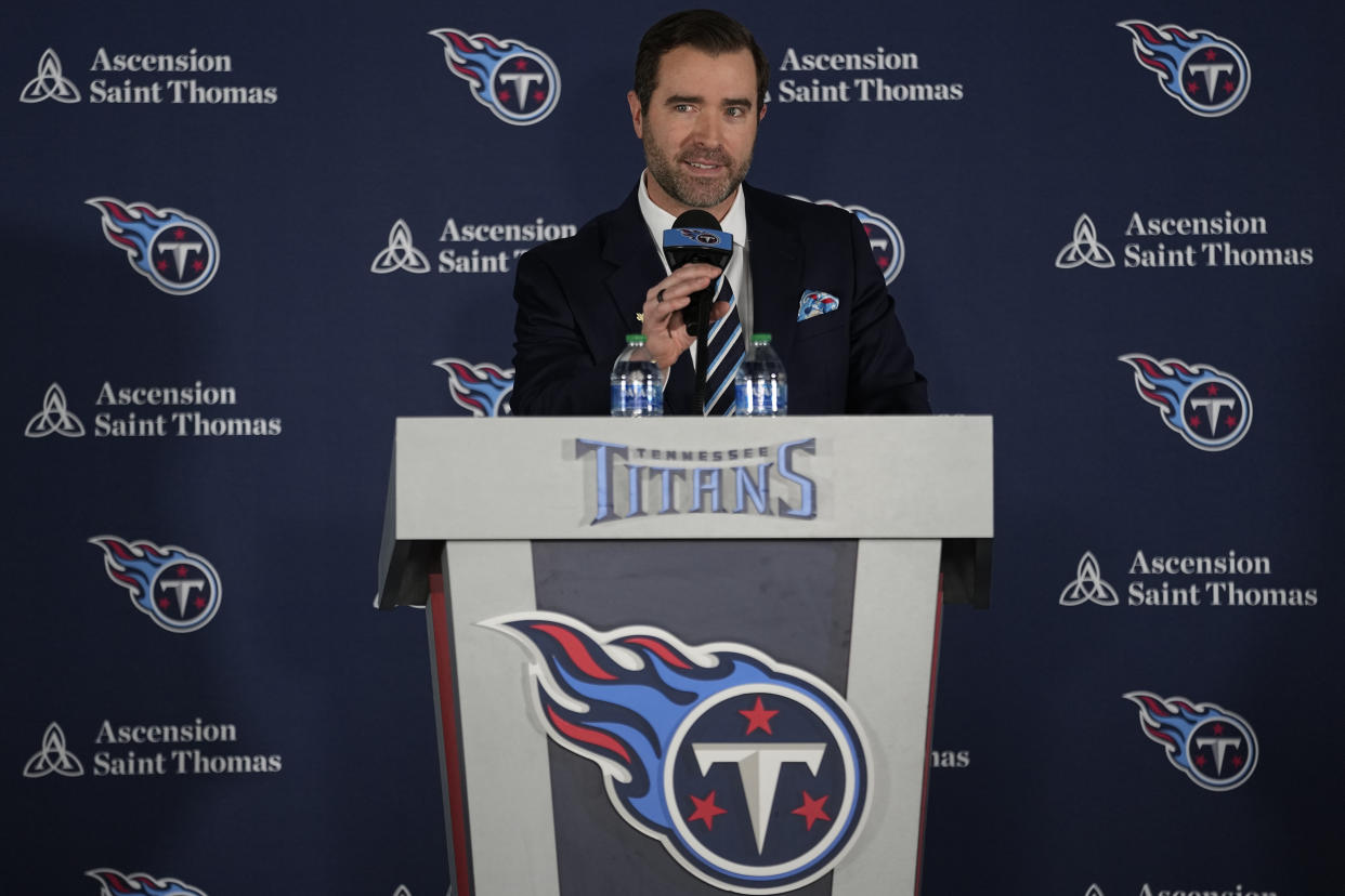 Tennessee Titans new head football coach Brian Callahan speaks during his introductory news conference at the NFL team's training facility Thursday, Jan. 25, 2024, in Nashville, Tenn. (AP Photo/George Walker IV)