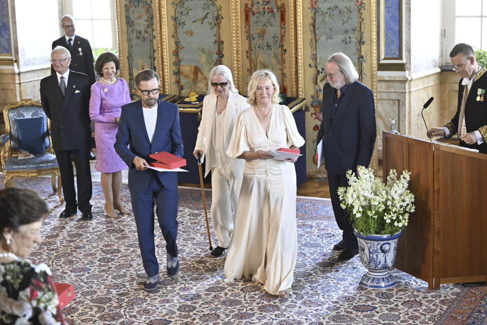 The music group ABBA with Björn Ulvaeus, Anni-Frid Lyngstad, Agnetha Fältskog and Benny Andersson will receive the Royal Vasa Order from Sweden's King Carl Gustaf and Queen Silvia at a ceremony at Stockholm Royal Palace on May 31 for outstanding contributions to Swedish and international music life. (Henrik Montgomery/TT News Agency via AP)